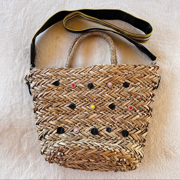 STEVE MADDEN STRAW TOTE BASKET BEACH BAG DOUBLE HANDLES GUITAR STRAP - Picture 1 of 9